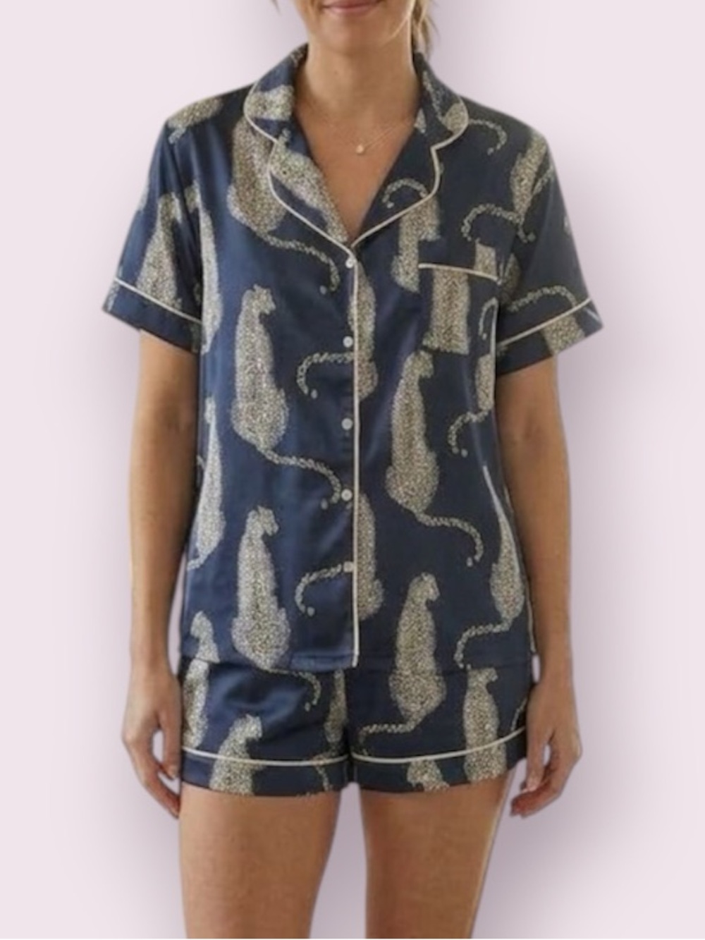 SHESHOW Cheetah Print 2pc Satin Pajama Set Blue White Size Large
